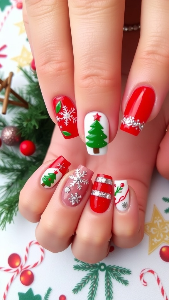 Christmas-themed nail art with red and green colors, snowflakes, and glitter on a festive background.